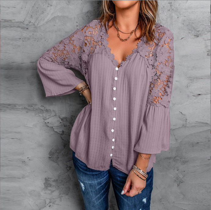 Womens V Stitching Breasted Flared Sleeve Top