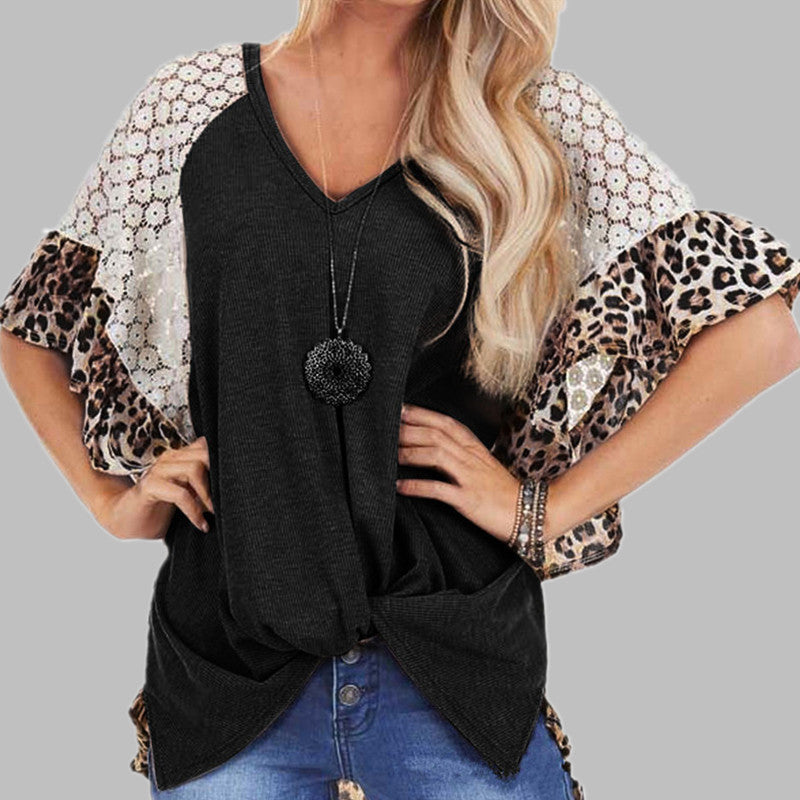 Leopard Patchwork  Loose V-neck Tops