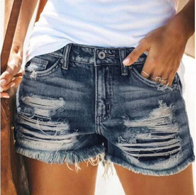 Women's ripped fringed denim shorts