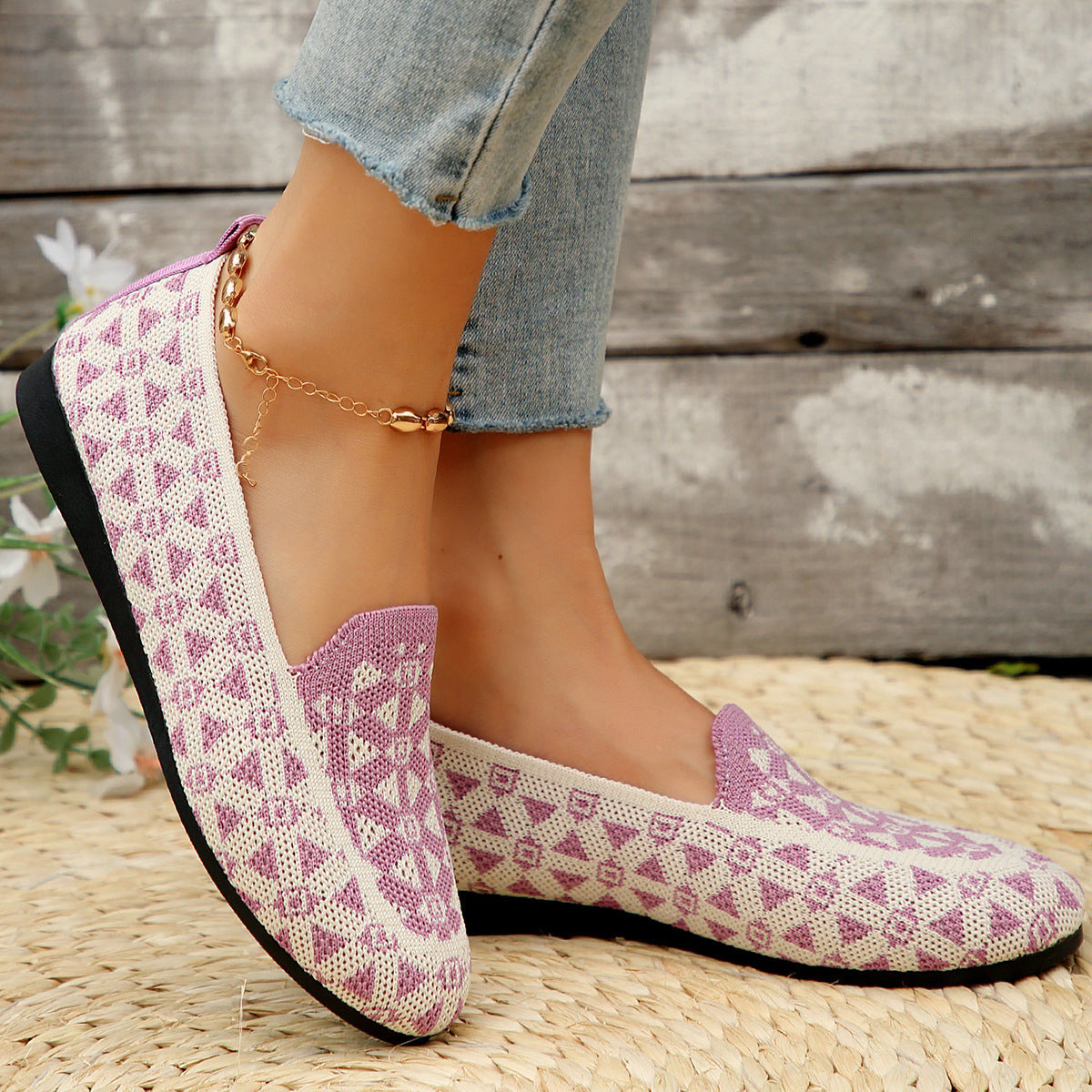 Printed Round Toe Casual Hollow Breathable Loafers