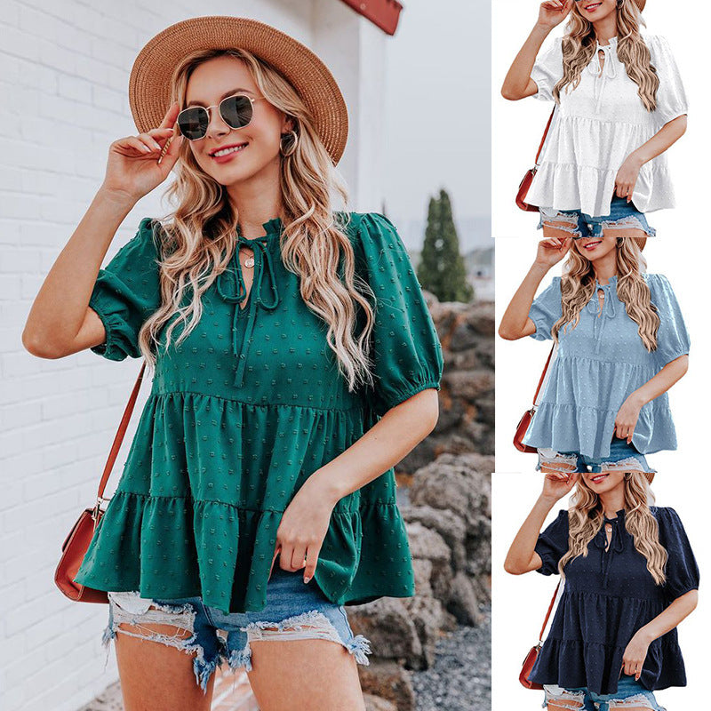 V Neck Lace Puff Sleeve Cake Layer Loose Top