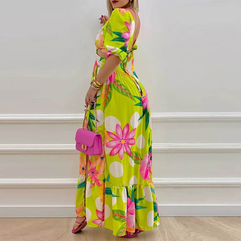 V-neck Split Retro Colored Printing Long Dress