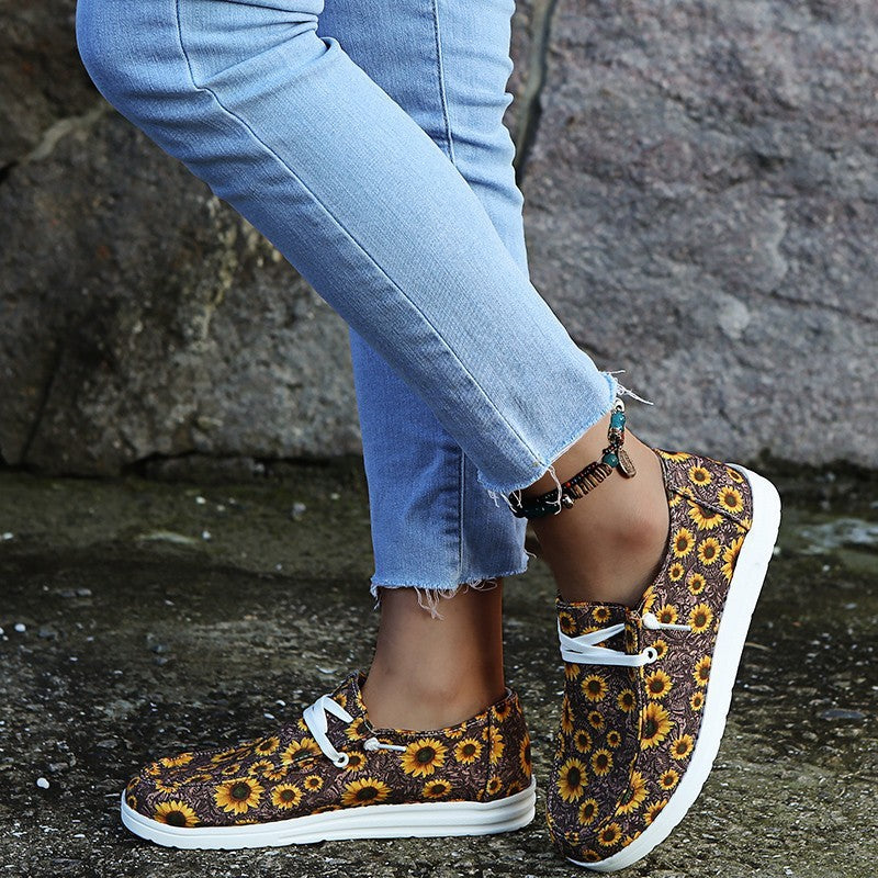 Sunflower Print Flats Casual Canvas Shoes