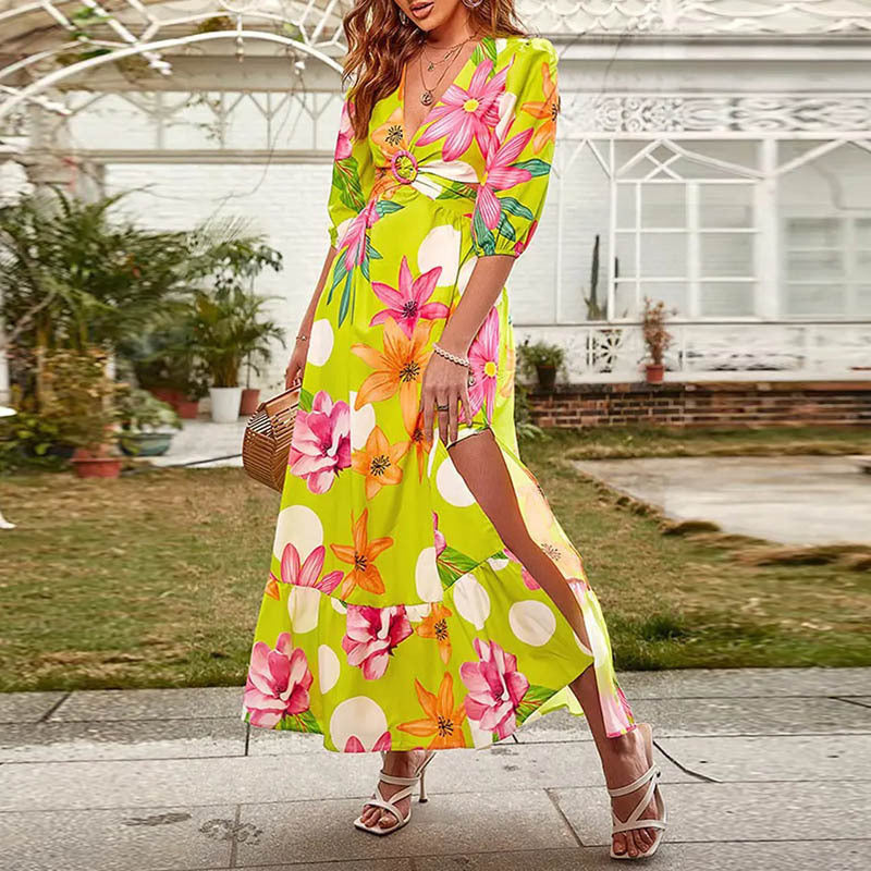 V-neck Split Retro Colored Printing Long Dress