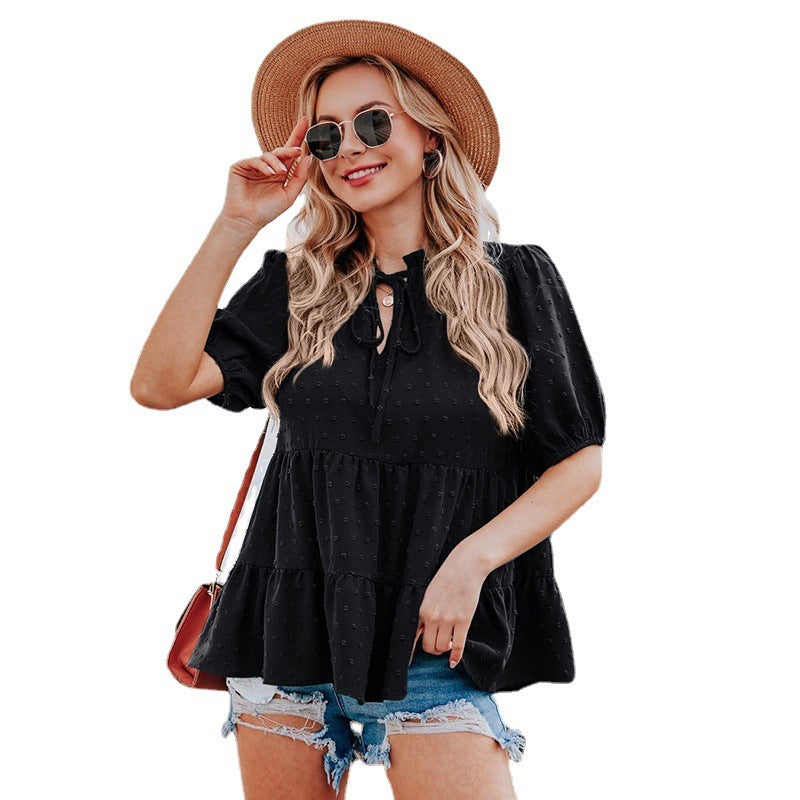 V Neck Lace Puff Sleeve Cake Layer Loose Top