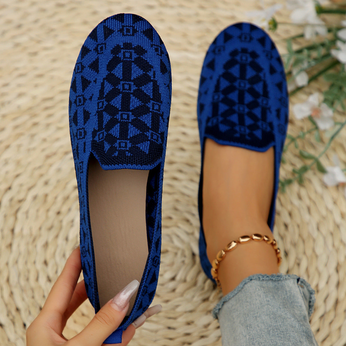 Printed Round Toe Casual Hollow Breathable Loafers
