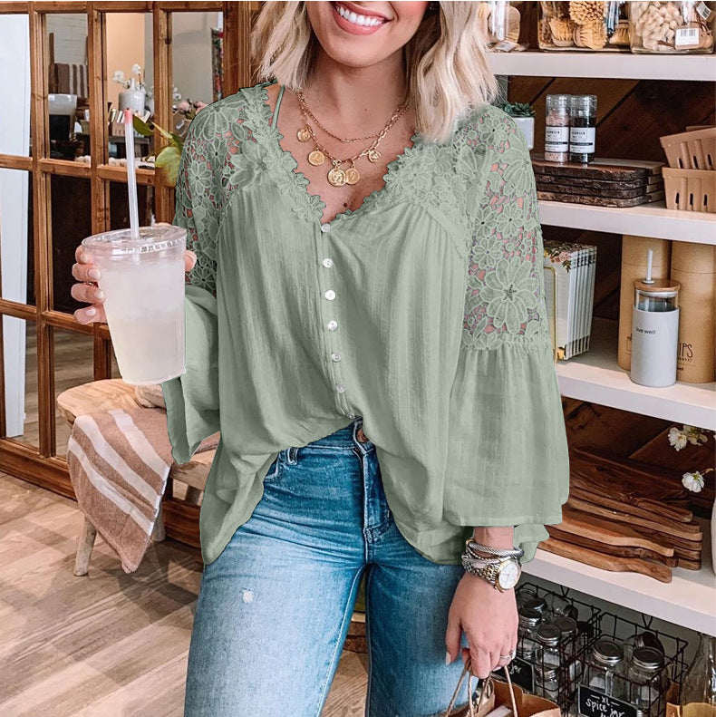Womens V Stitching Breasted Flared Sleeve Top