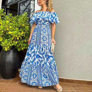 Women's Line Neck High Waist Boho Print Dress