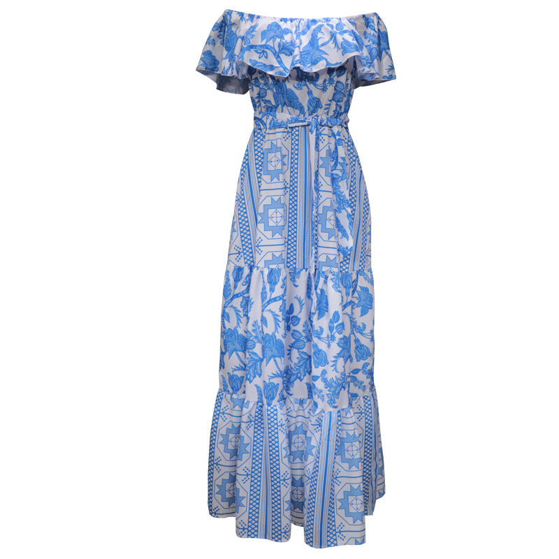 Women's Line Neck High Waist Boho Print Dress