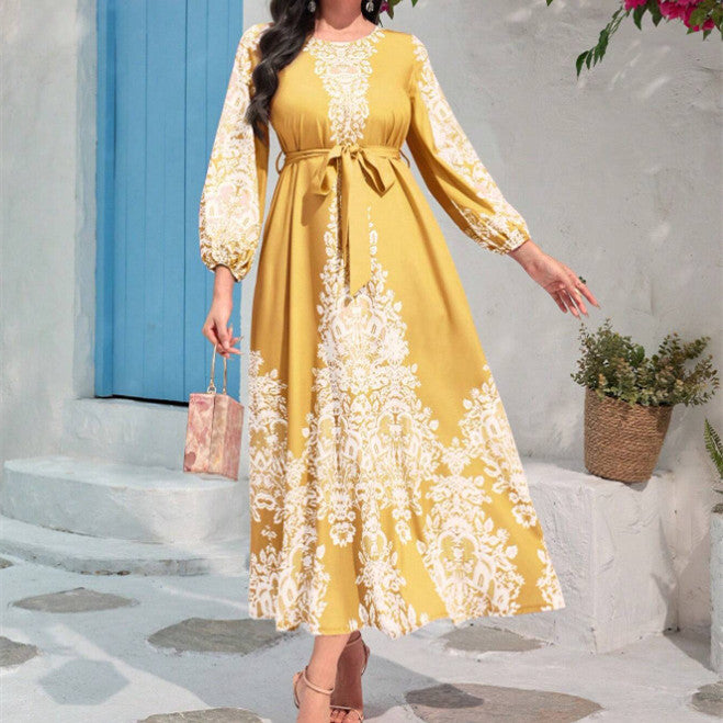 Retro Printed Bubble Sleeve Chic Gentle Long Dress