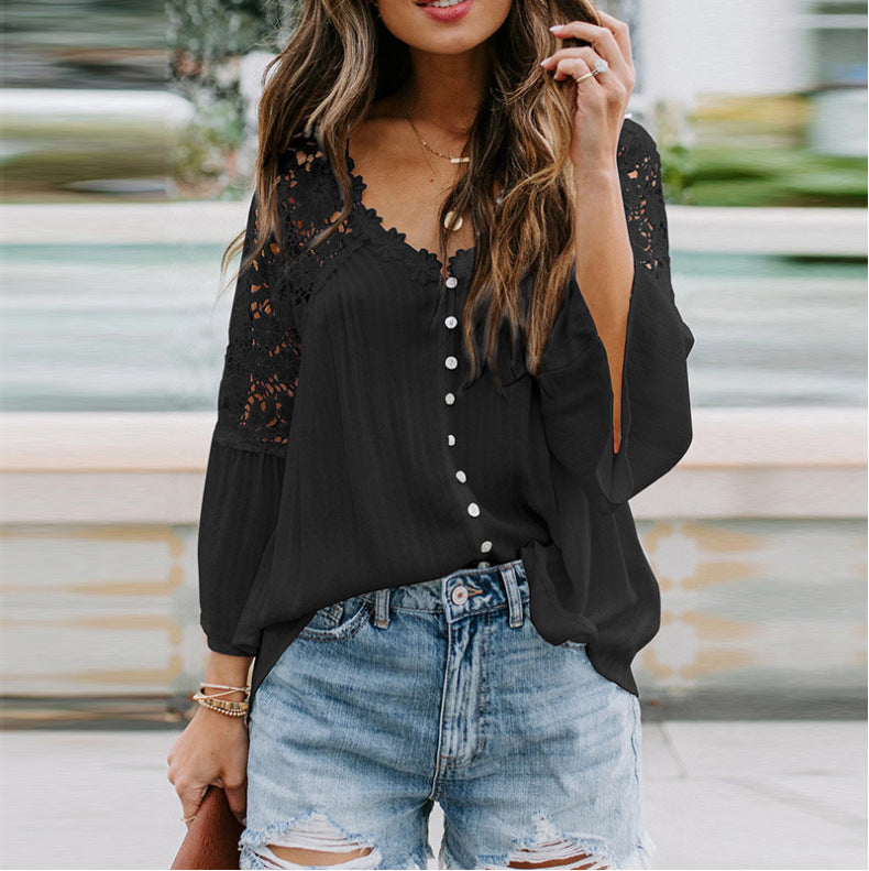 Womens V Stitching Breasted Flared Sleeve Top