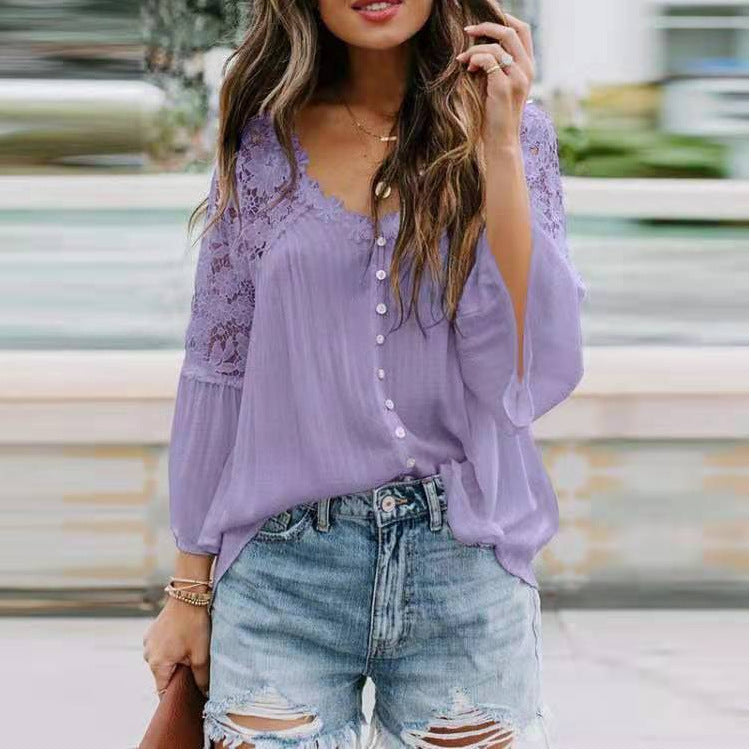 Womens V Stitching Breasted Flared Sleeve Top