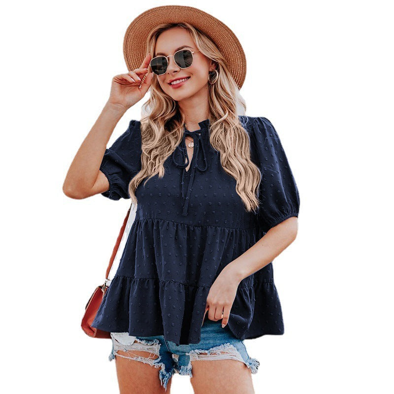 V Neck Lace Puff Sleeve Cake Layer Loose Top