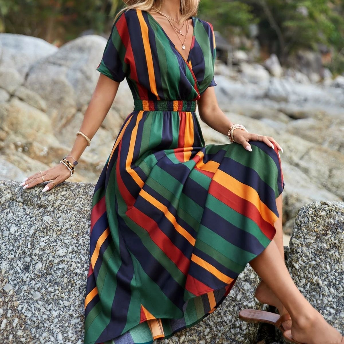 Contrast Color Trimming Printing Maxi Dress