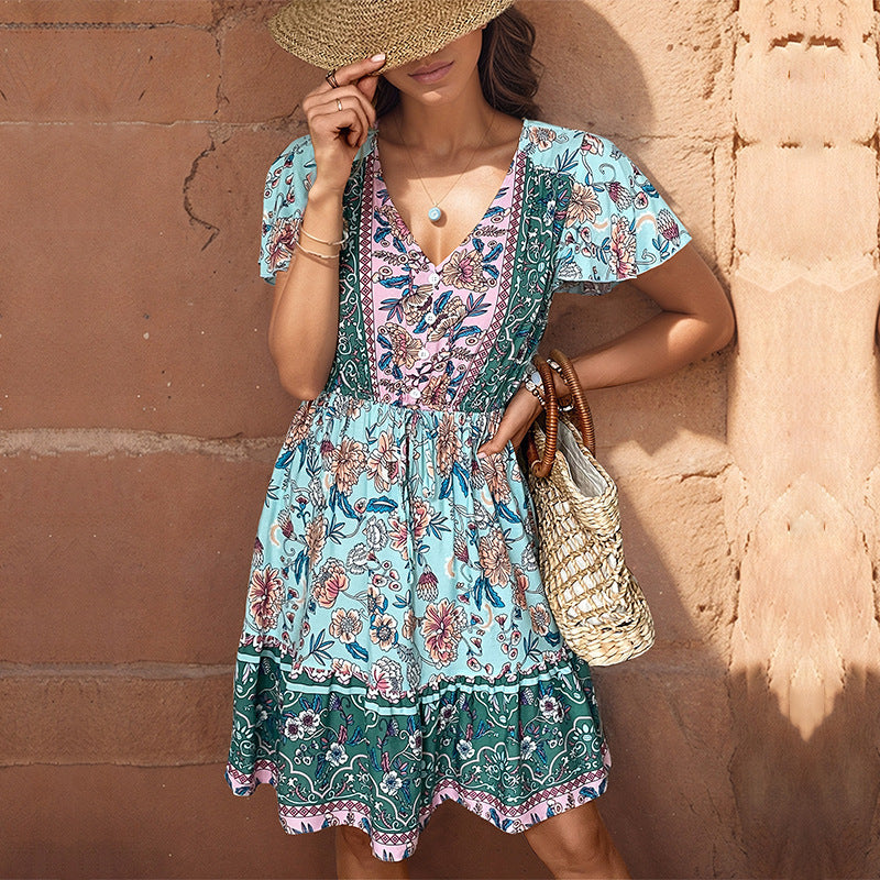 Women's Fashion Short Sleeve V-neck Boho Dress