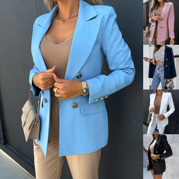 Women's Solid Color Double Breasted Fashion Blazer Top