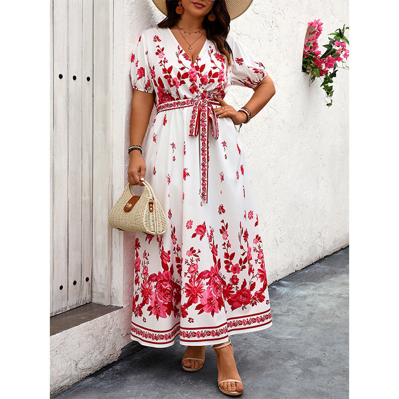Retro V-neck Printing Dress