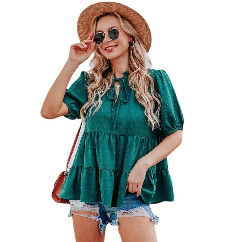 V Neck Lace Puff Sleeve Cake Layer Loose Top