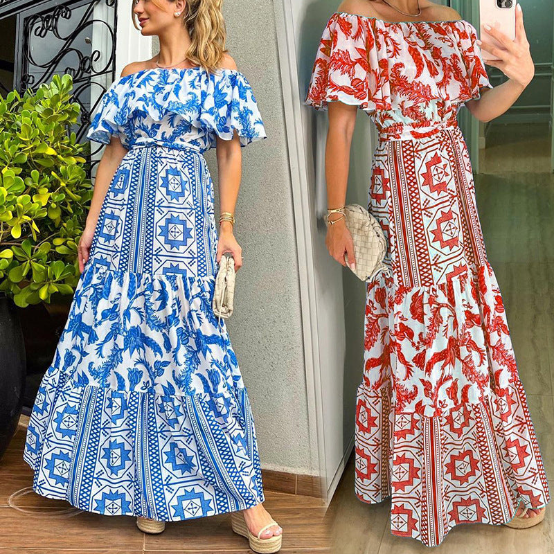 Women's Line Neck High Waist Boho Print Dress