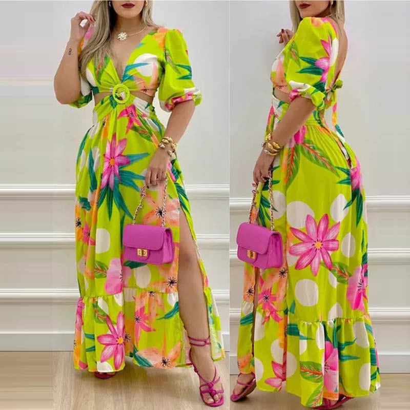 V-neck Split Retro Colored Printing Long Dress