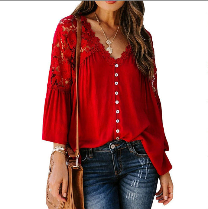 Womens V Stitching Breasted Flared Sleeve Top