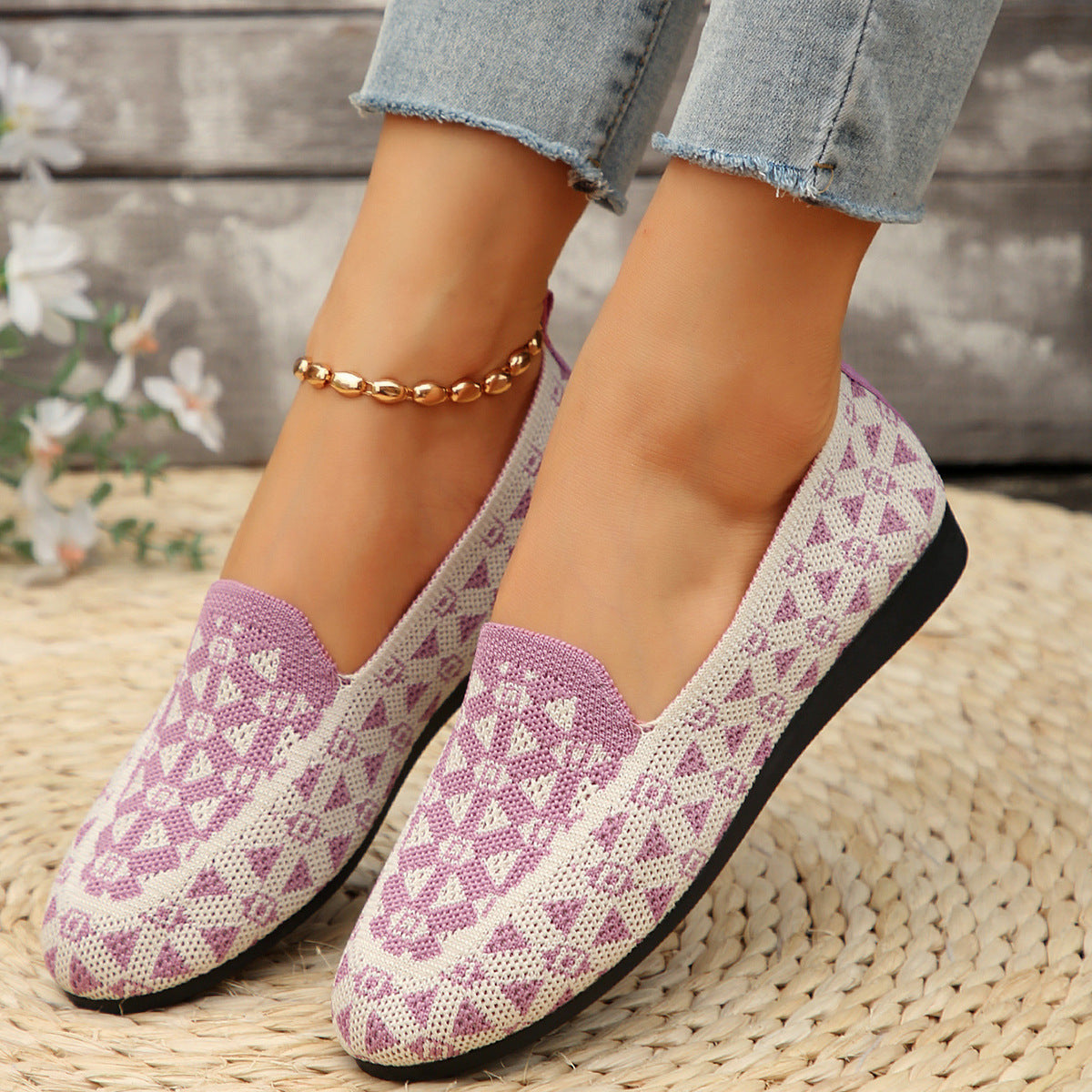 Printed Round Toe Casual Hollow Breathable Loafers