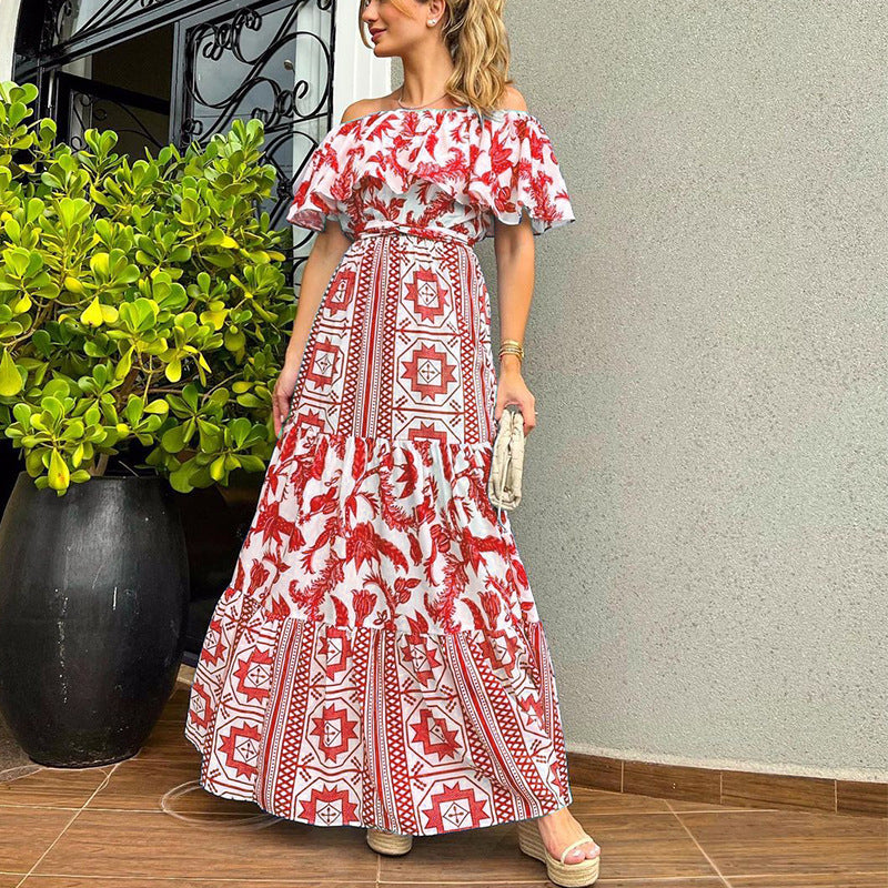 Women's Line Neck High Waist Boho Print Dress