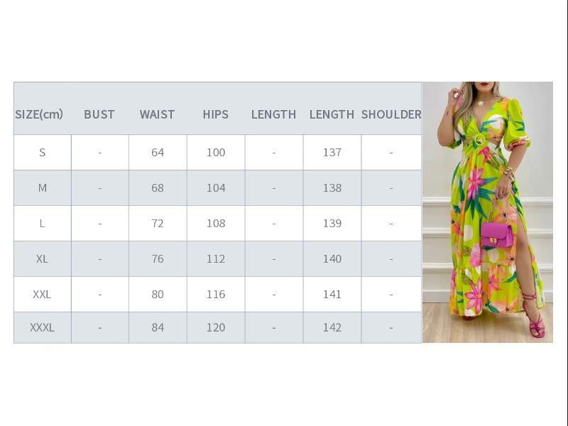 V-neck Split Retro Colored Printing Long Dress